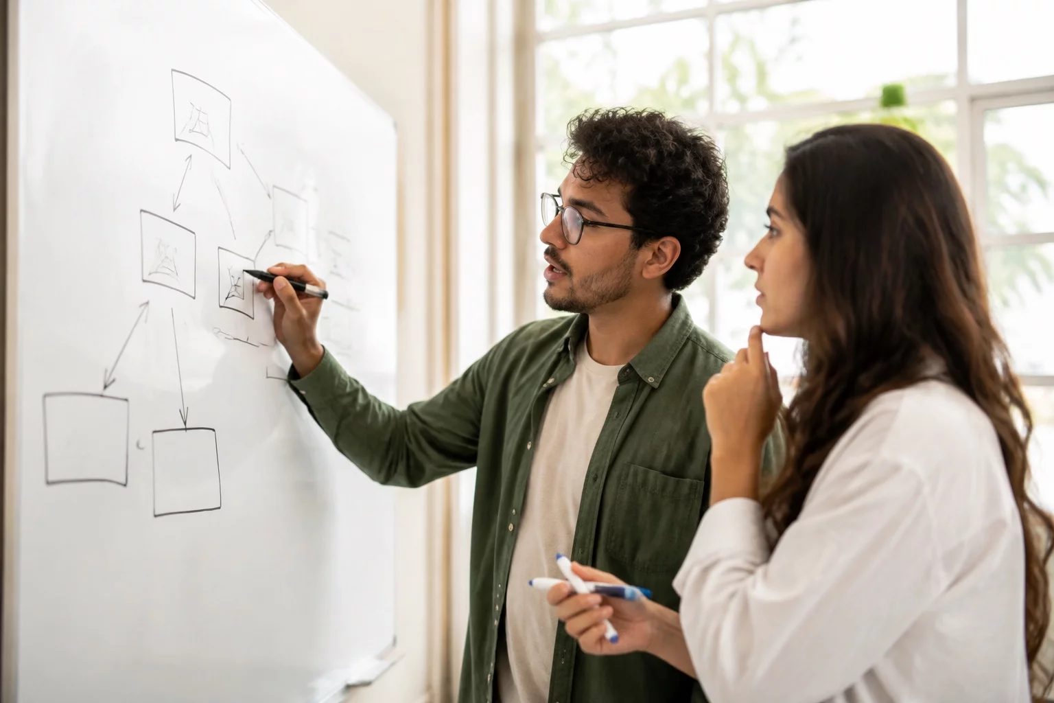 Duas pessoas diante de um quadro branco com um mapa de argumento desenhado à mão