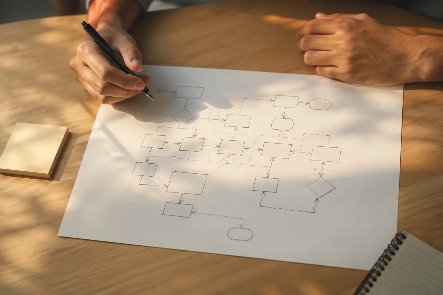 Vista de cima de uma mesa com um diagrama de lógica desenhado à mão