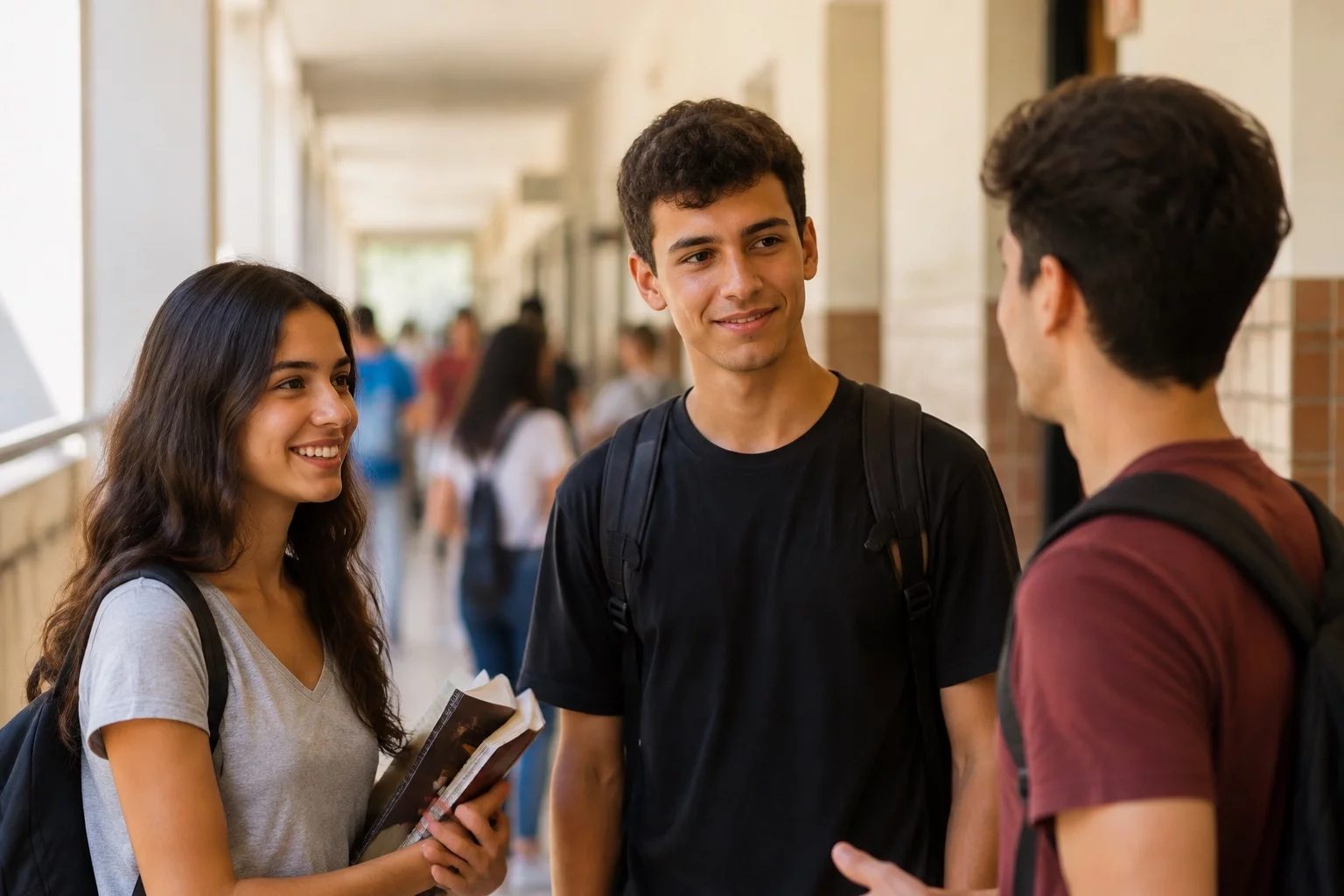 Estudantes com mochilas conversando no corredor de uma universidade