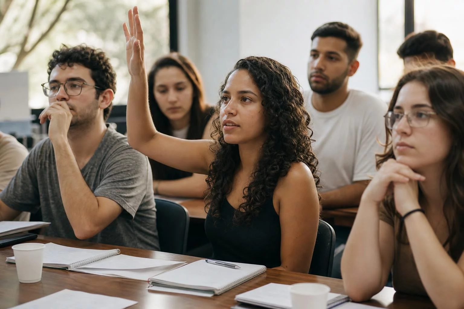 Estudante levantando a mão em uma mesa de seminário coberta de anotações