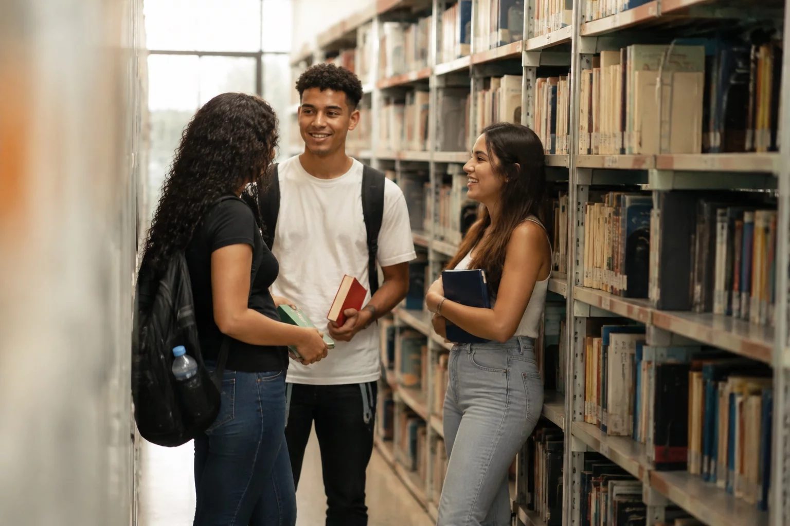 Estudantes conversando em pé entre as estantes de uma biblioteca
