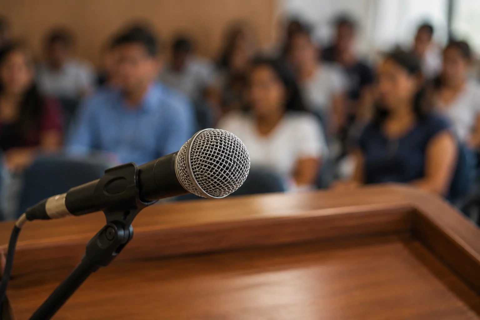 Microfone sobre uma tribuna, com a plateia sentada desfocada ao fundo