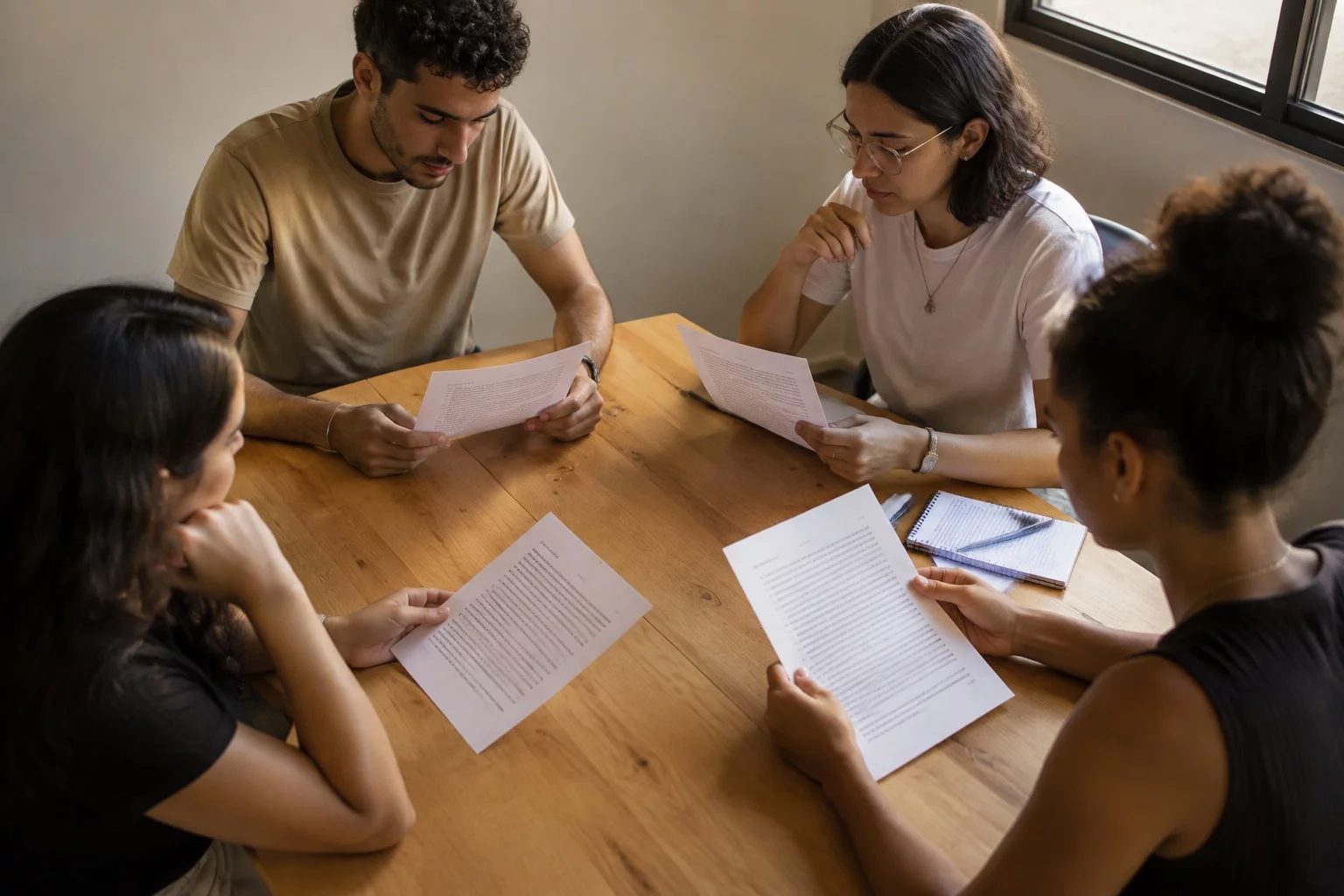 Grupo pequeno lendo páginas impressas de argumentos ao redor de uma mesa
