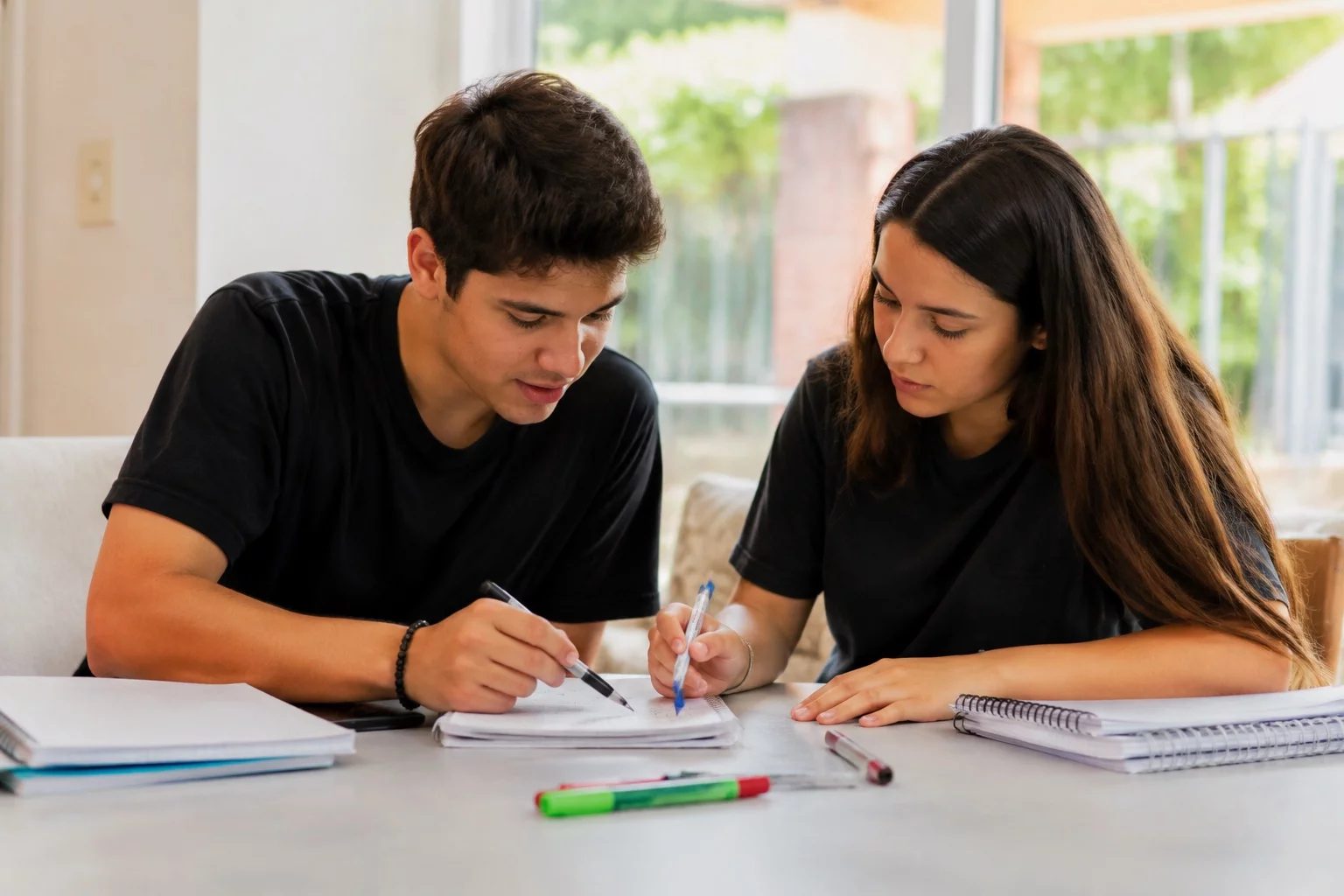 Dois estudantes preparando um debate com cadernos e marcadores