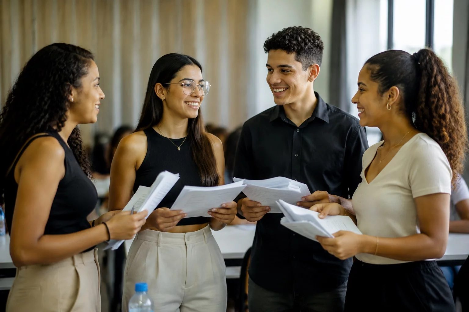 Grupo sorrindo após uma rodada de debate, com papéis nas mãos